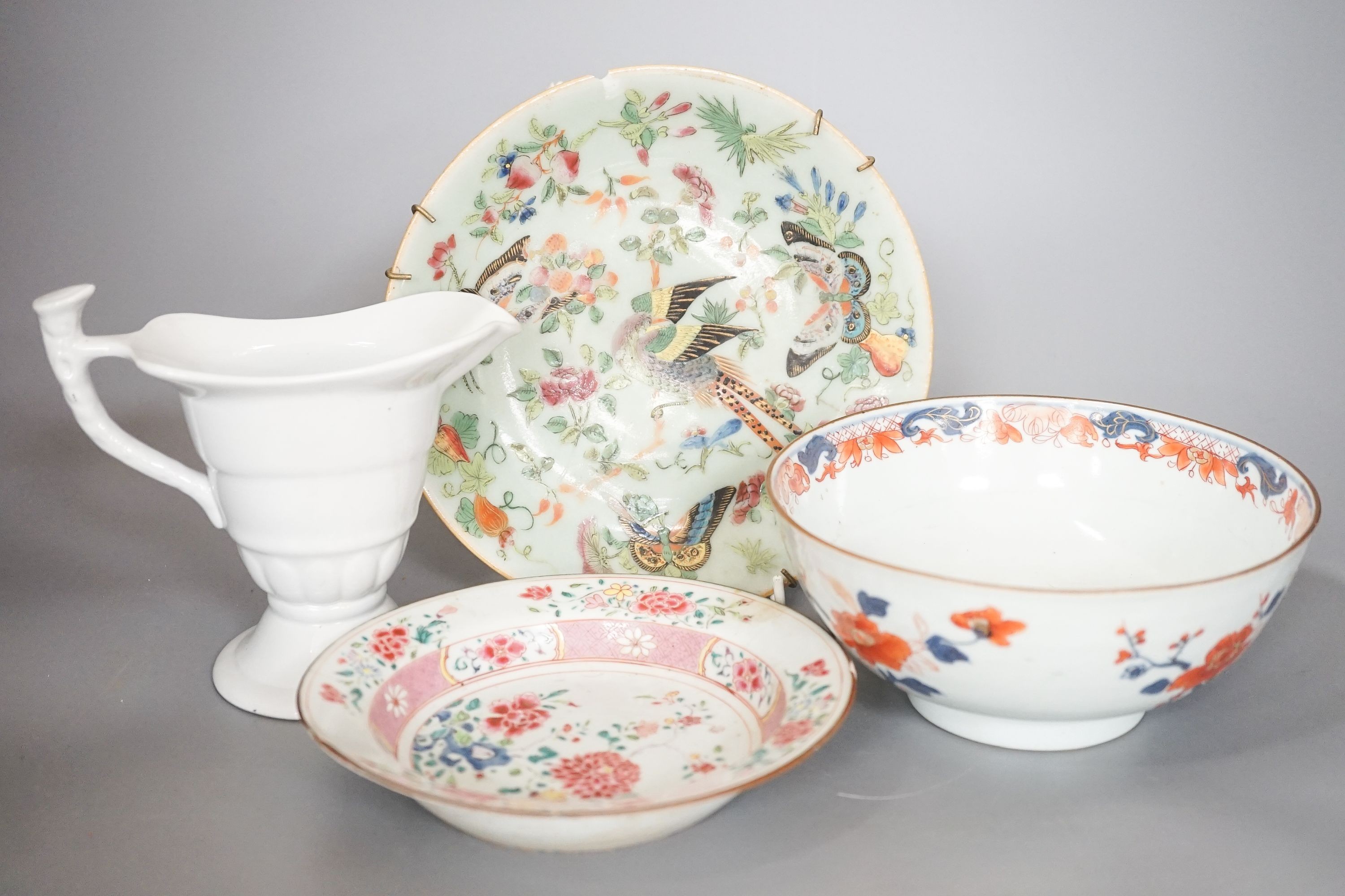 Two 18th century Chinese export porcelain bowls, a 19th century canton decorated dish, 19.5cm and a later ewer (4)
